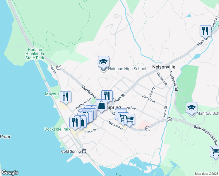 map of restaurants, bars, coffee shops, grocery stores, and more near 14 Mountain Avenue in Cold Spring
