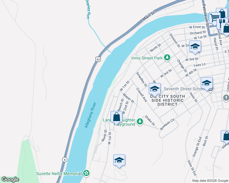 map of restaurants, bars, coffee shops, grocery stores, and more near 946 West 1st Street in Oil City