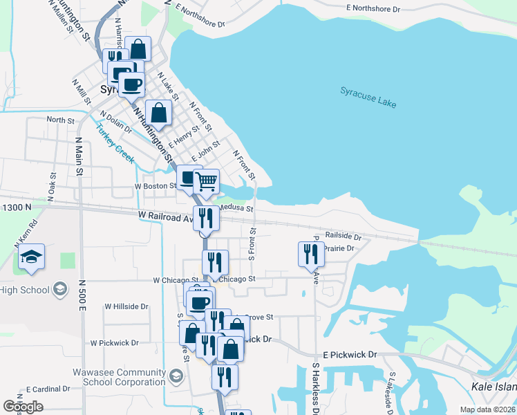 map of restaurants, bars, coffee shops, grocery stores, and more near Front Street in Syracuse