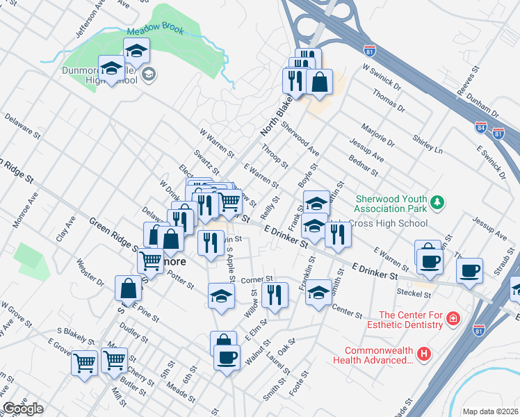 map of restaurants, bars, coffee shops, grocery stores, and more near 206-298 Andrew St in Dunmore