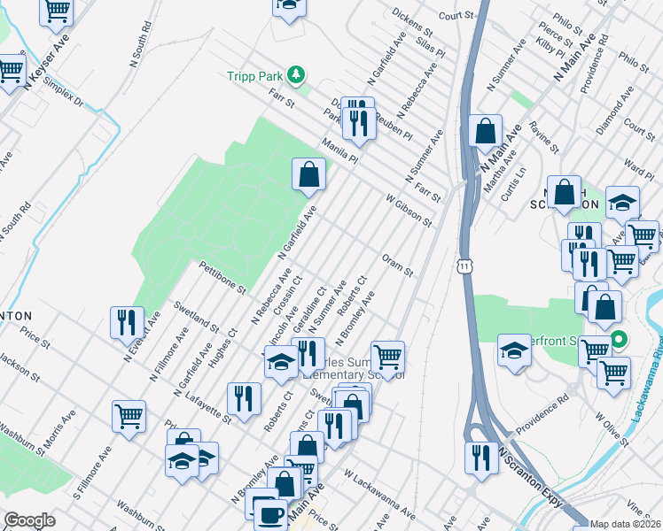 map of restaurants, bars, coffee shops, grocery stores, and more near 721 North Lincoln Avenue in Scranton