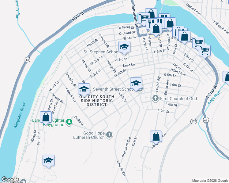 map of restaurants, bars, coffee shops, grocery stores, and more near 410 Innis Street in Oil City