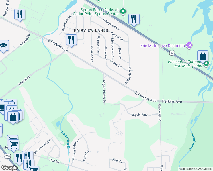 map of restaurants, bars, coffee shops, grocery stores, and more near 2906 East Perkins Avenue in Sandusky