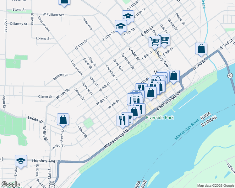 map of restaurants, bars, coffee shops, grocery stores, and more near 411 Pine Street in Muscatine
