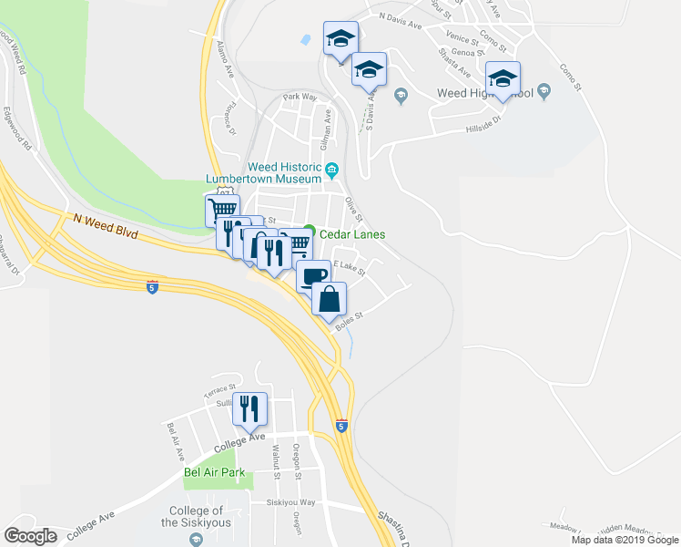 map of restaurants, bars, coffee shops, grocery stores, and more near 268 East Lake Street in Weed