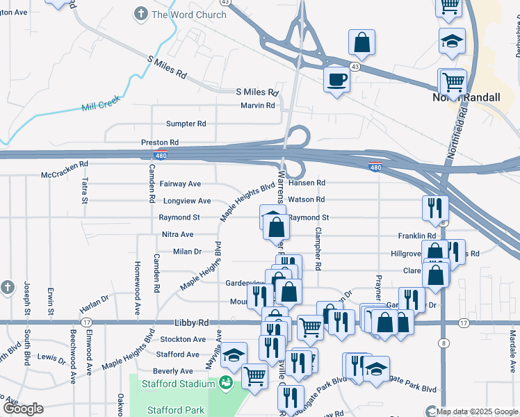 map of restaurants, bars, coffee shops, grocery stores, and more near 20109 Raymond Street in Maple Heights