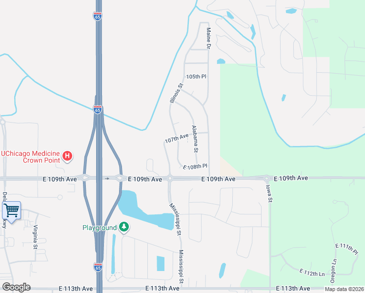 map of restaurants, bars, coffee shops, grocery stores, and more near 10720 Alabama St in Crown Point