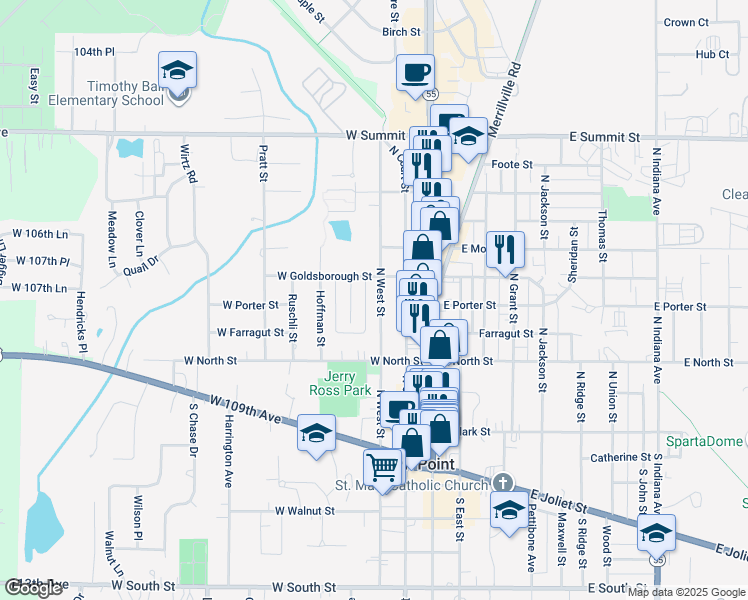 map of restaurants, bars, coffee shops, grocery stores, and more near 401 North West Street in Crown Point