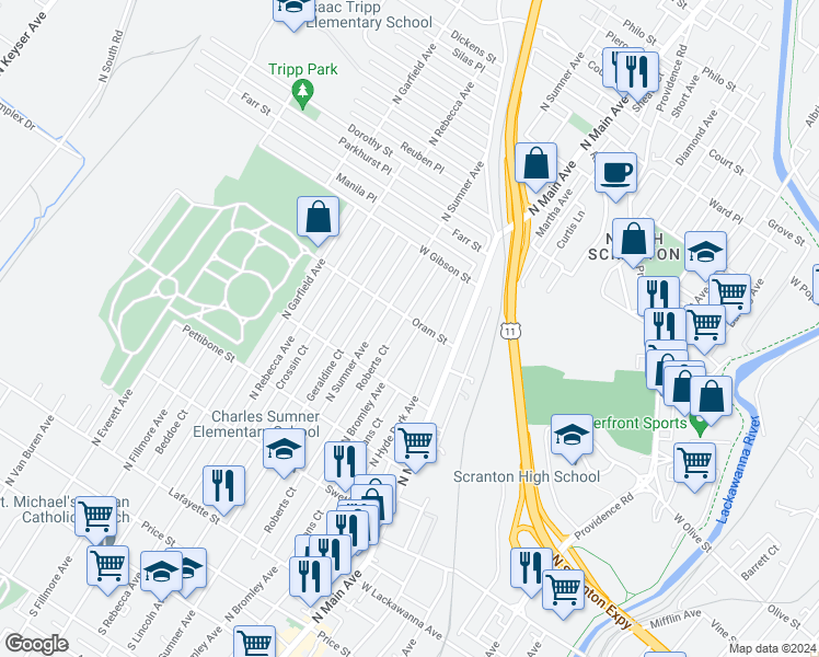 map of restaurants, bars, coffee shops, grocery stores, and more near 1303 Oram Street in Scranton