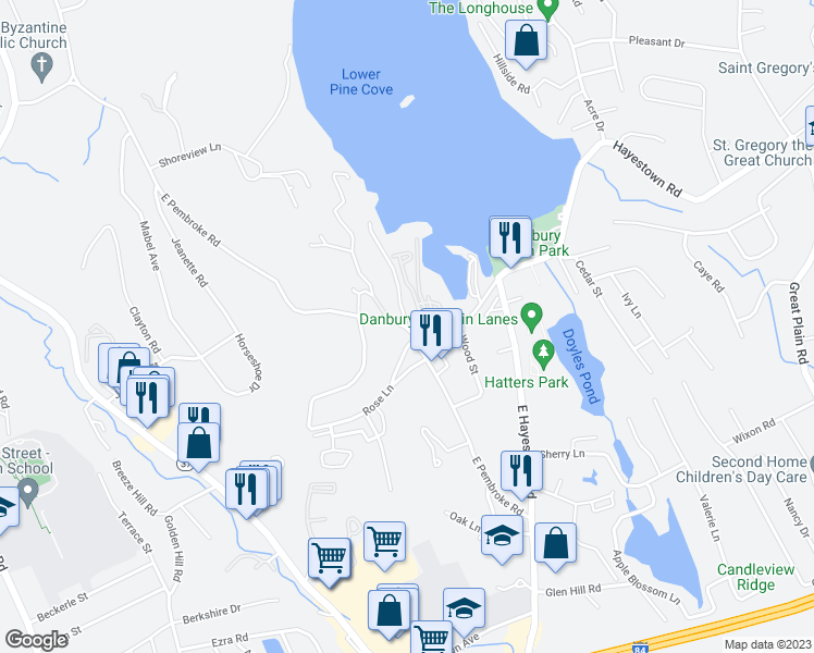 map of restaurants, bars, coffee shops, grocery stores, and more near 2 Reynolds Road in Danbury