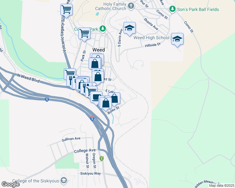 map of restaurants, bars, coffee shops, grocery stores, and more near 315 East Lake Street in Weed