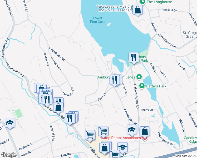 map of restaurants, bars, coffee shops, grocery stores, and more near 50 East Pembroke Road in Danbury