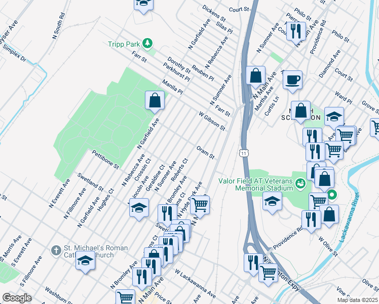 map of restaurants, bars, coffee shops, grocery stores, and more near 1303 Oram Street in Scranton