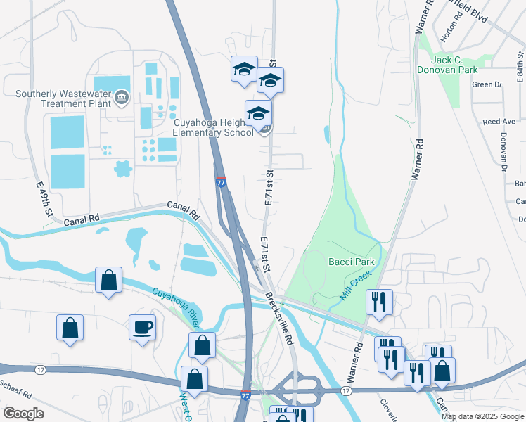 map of restaurants, bars, coffee shops, grocery stores, and more near 5006 East 71st Street in Cleveland