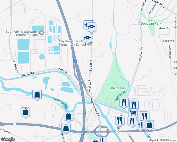 map of restaurants, bars, coffee shops, grocery stores, and more near 5006 East 71st Street in Cleveland