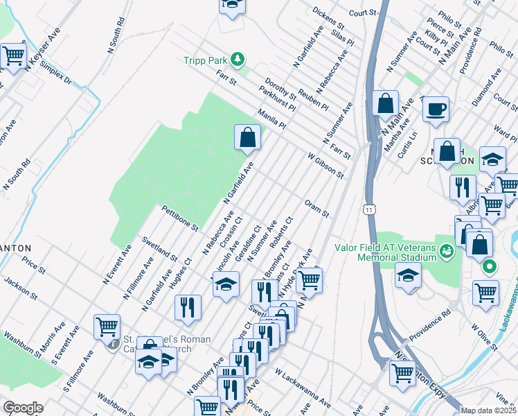 map of restaurants, bars, coffee shops, grocery stores, and more near South Lincoln Avenue in Scranton
