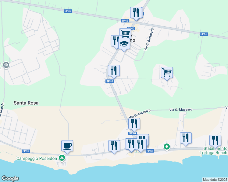 map of restaurants, bars, coffee shops, grocery stores, and more near Strada Foce Verde in Borgo Sabotino-foce Verde
