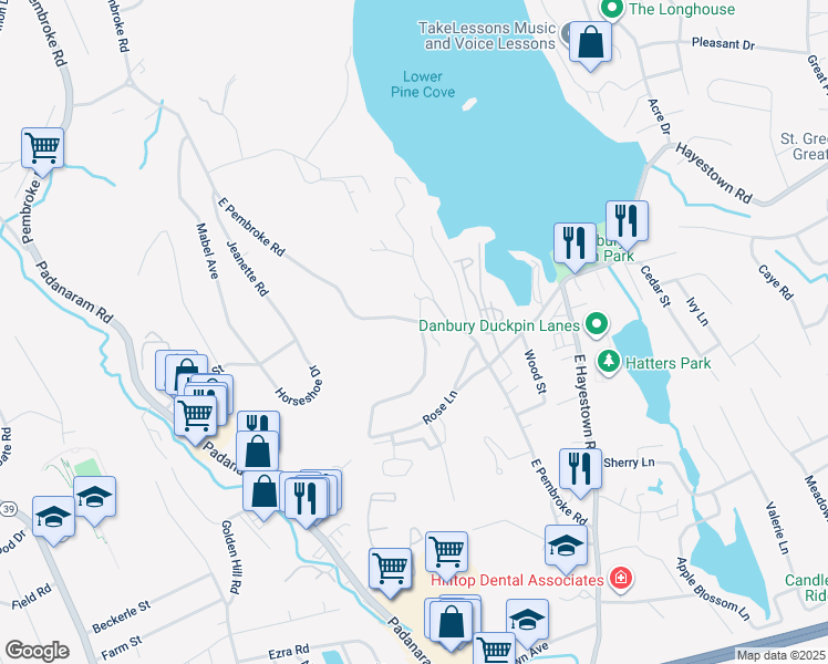 map of restaurants, bars, coffee shops, grocery stores, and more near 50 East Pembroke Road in Danbury