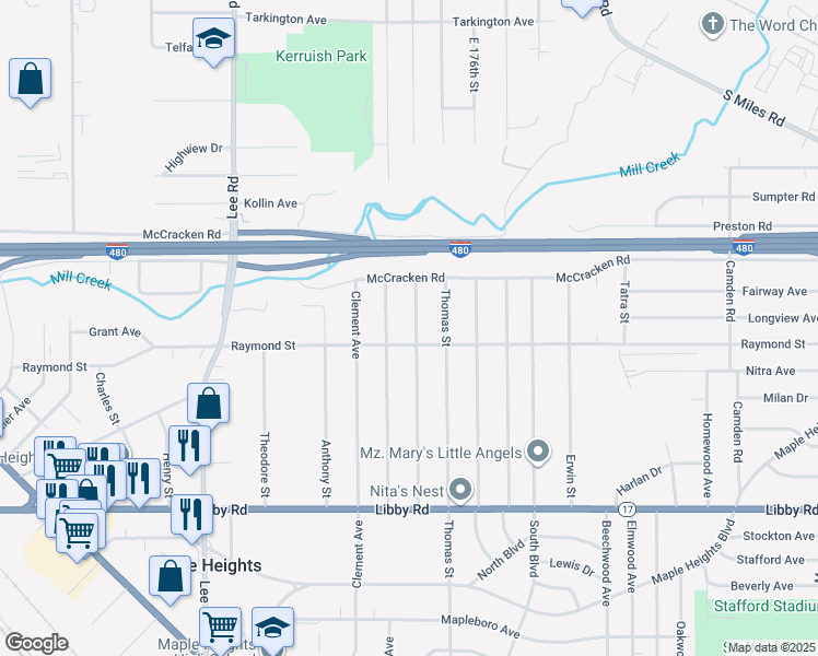 map of restaurants, bars, coffee shops, grocery stores, and more near 5070 Philip Avenue in Maple Heights