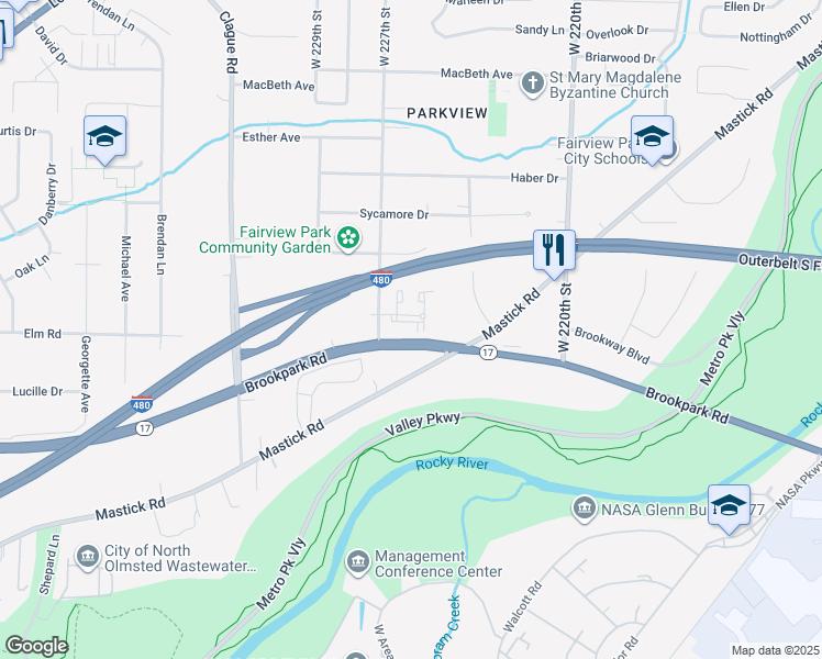 map of restaurants, bars, coffee shops, grocery stores, and more near 22539 Lenox Drive in Fairview Park