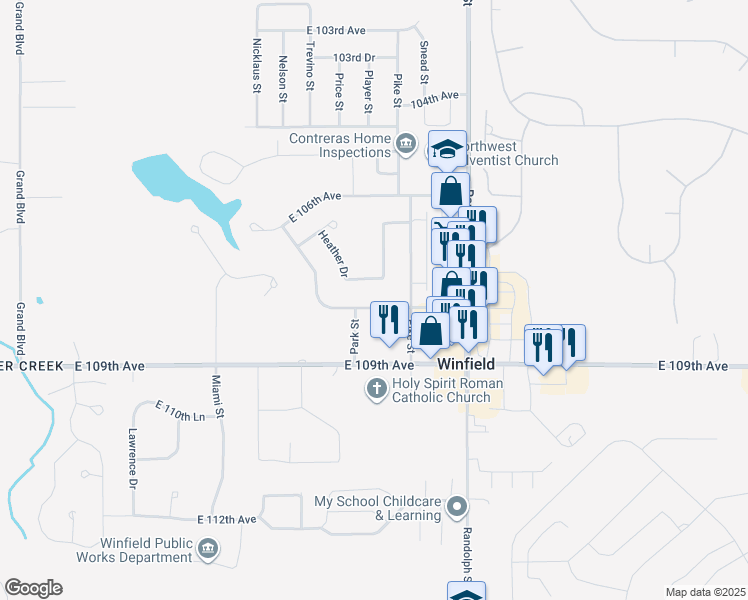 map of restaurants, bars, coffee shops, grocery stores, and more near 7674 East 108th Avenue in Crown Point