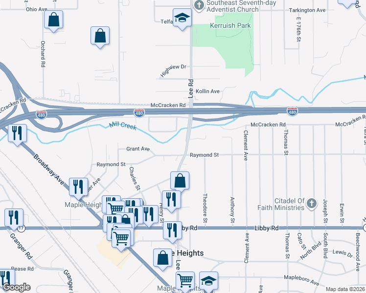 map of restaurants, bars, coffee shops, grocery stores, and more near 5062 Lee Road in Maple Heights
