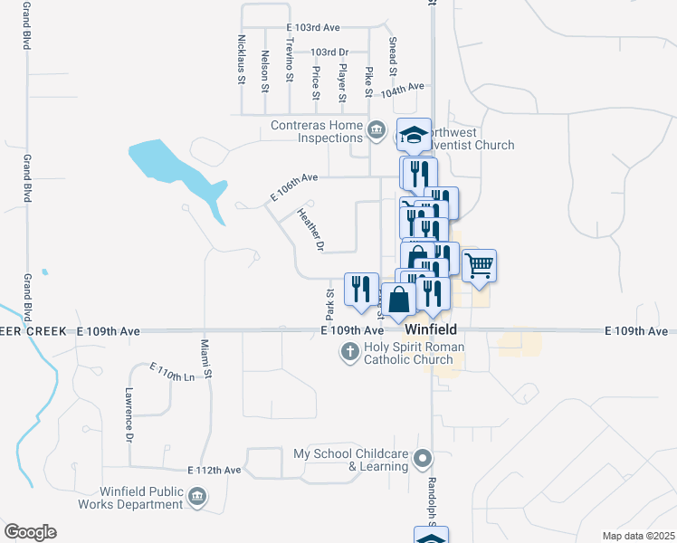 map of restaurants, bars, coffee shops, grocery stores, and more near 7674 East 108th Avenue in Crown Point