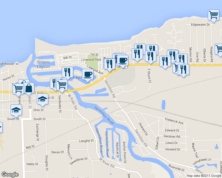 map of restaurants, bars, coffee shops, grocery stores, and more near 4676-4716 Bridgeport Dr in Vermilion