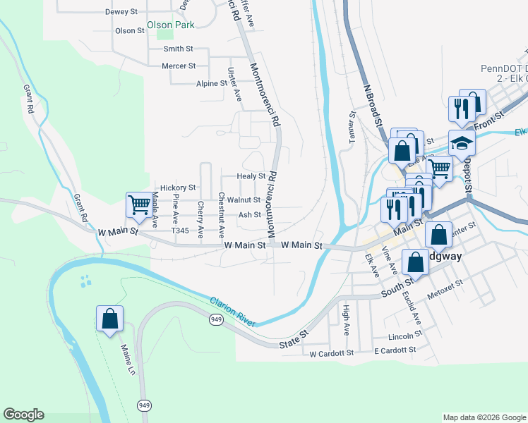 map of restaurants, bars, coffee shops, grocery stores, and more near 202 Ash Street in Ridgway