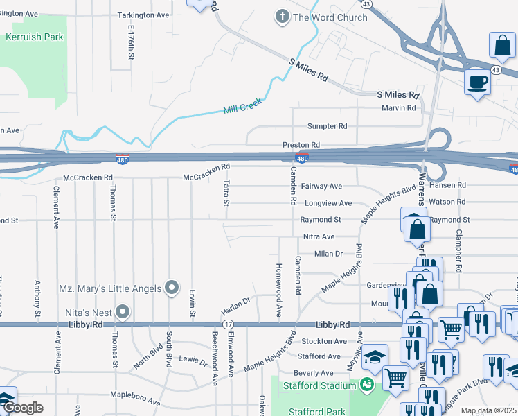 map of restaurants, bars, coffee shops, grocery stores, and more near 18914 Longview Avenue in Maple Heights