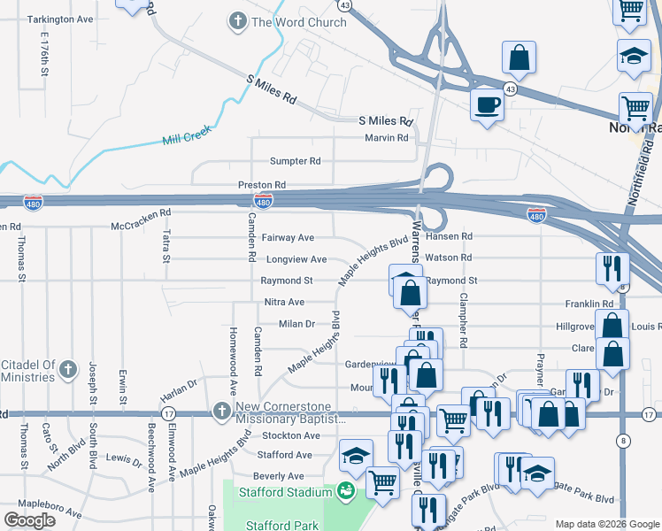 map of restaurants, bars, coffee shops, grocery stores, and more near 19608 Longview Ave in Maple Heights