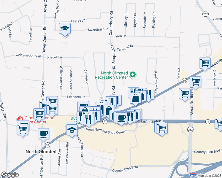 map of restaurants, bars, coffee shops, grocery stores, and more near 4618 Canterbury Road in North Olmsted