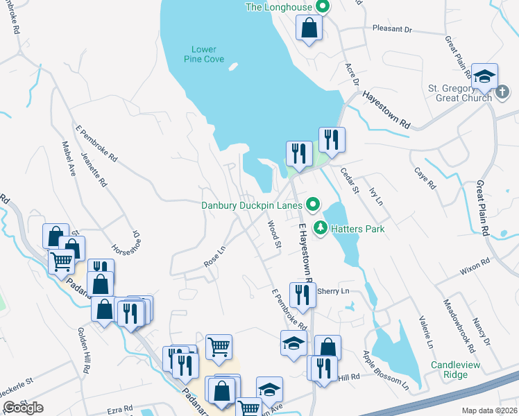 map of restaurants, bars, coffee shops, grocery stores, and more near 13 Hayestown Road in Danbury