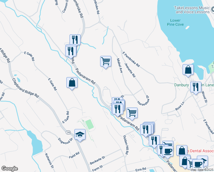 map of restaurants, bars, coffee shops, grocery stores, and more near 61B Padanaram Road in Danbury