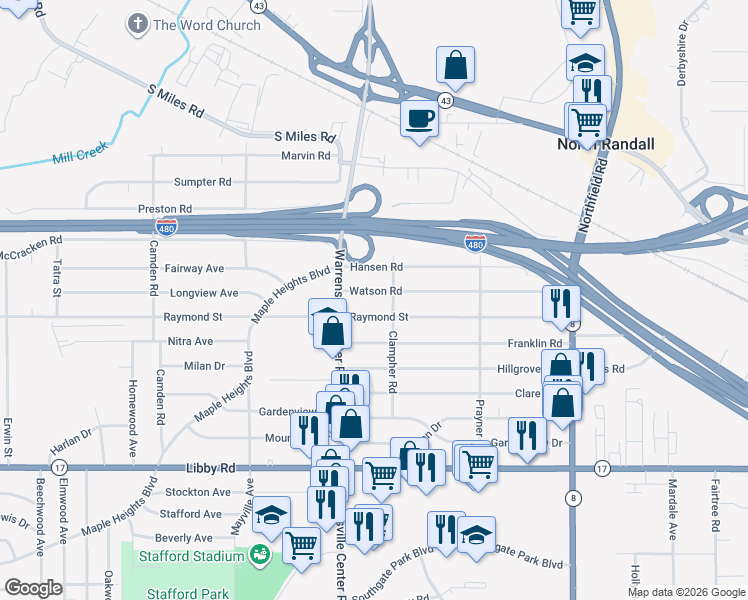map of restaurants, bars, coffee shops, grocery stores, and more near 20612 Watson Road in Maple Heights