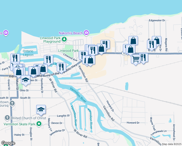 map of restaurants, bars, coffee shops, grocery stores, and more near 4676-4716 Bridgeport Dr in Vermilion