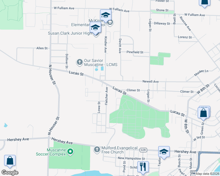 map of restaurants, bars, coffee shops, grocery stores, and more near 2218 Lucas St in Muscatine