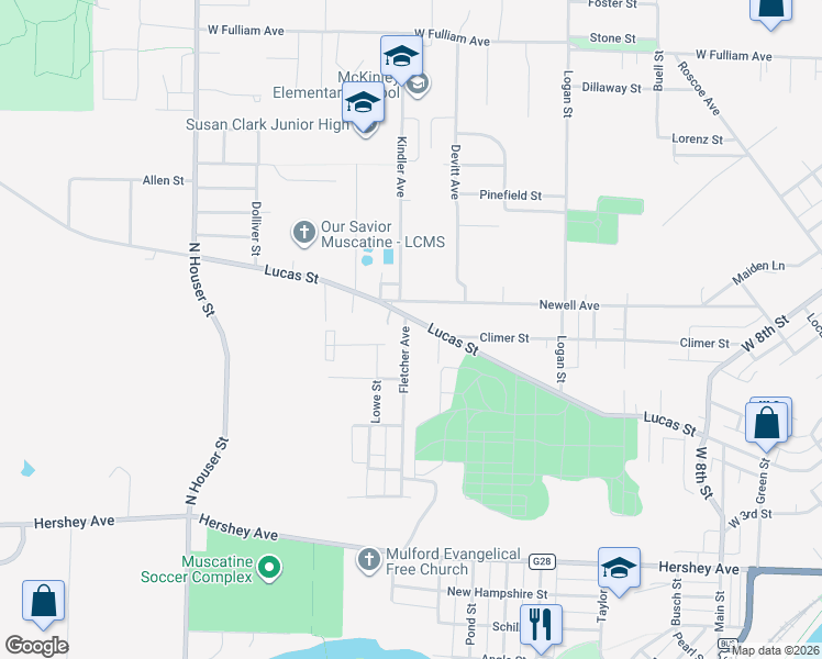 map of restaurants, bars, coffee shops, grocery stores, and more near 2218 Lucas Street in Muscatine