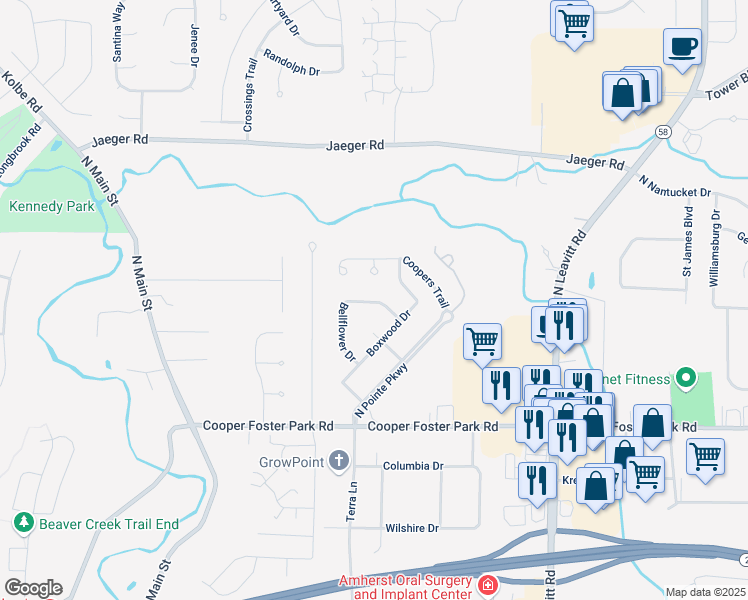map of restaurants, bars, coffee shops, grocery stores, and more near 3480 Bellflower Drive in Lorain