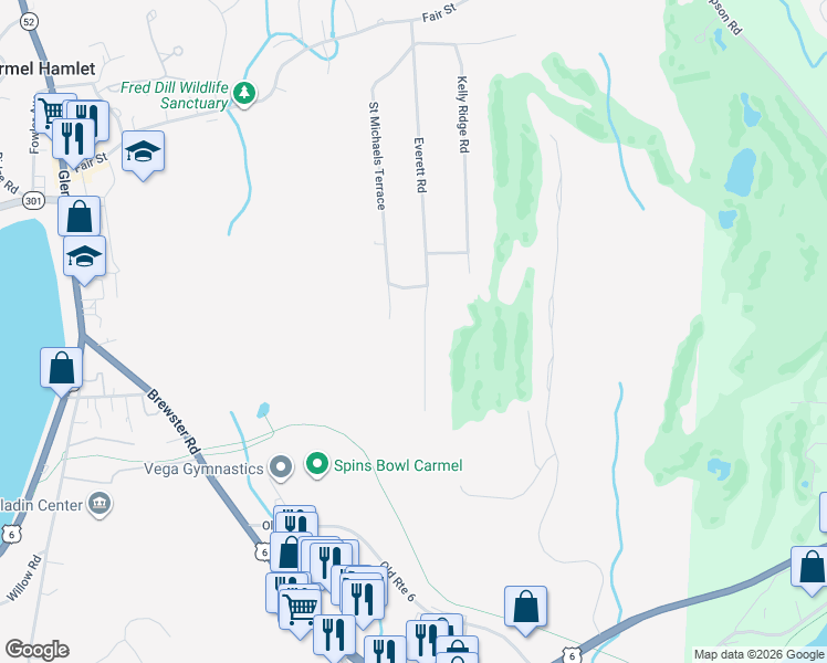 map of restaurants, bars, coffee shops, grocery stores, and more near 52 Everett Road in Carmel Hamlet