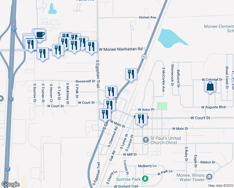map of restaurants, bars, coffee shops, grocery stores, and more near 5500 West Wilson Street in Monee
