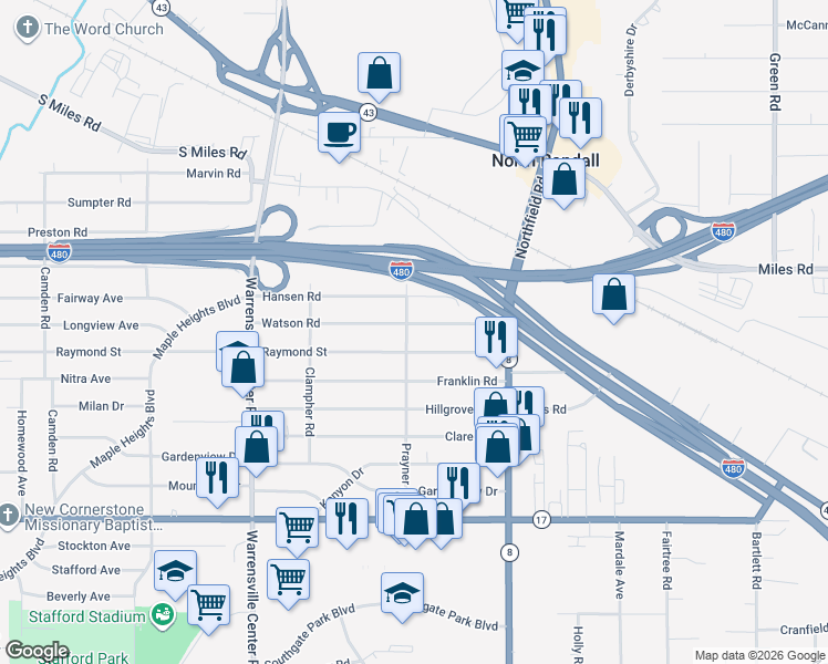 map of restaurants, bars, coffee shops, grocery stores, and more near 21204 Watson Rd in Maple Heights