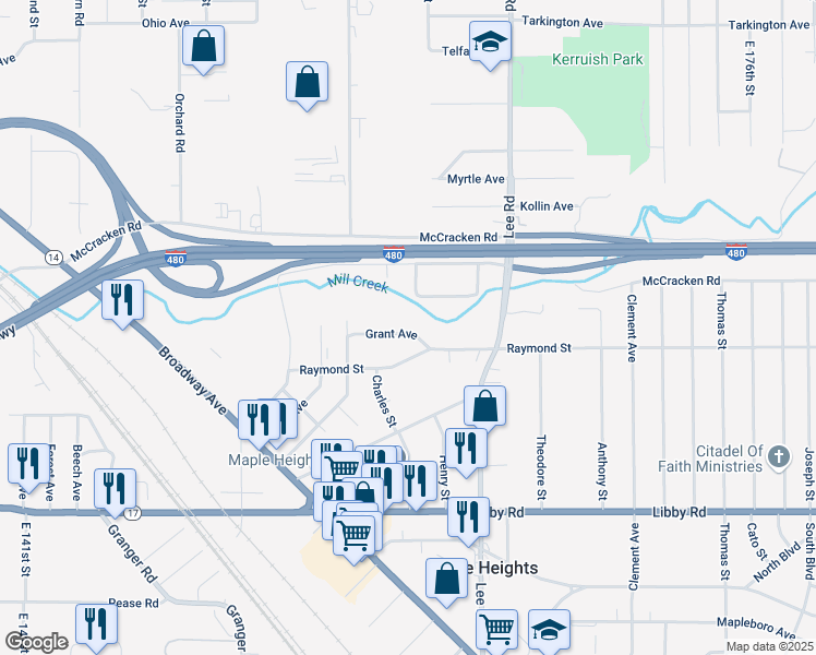 map of restaurants, bars, coffee shops, grocery stores, and more near 16009 Grant Avenue in Maple Heights