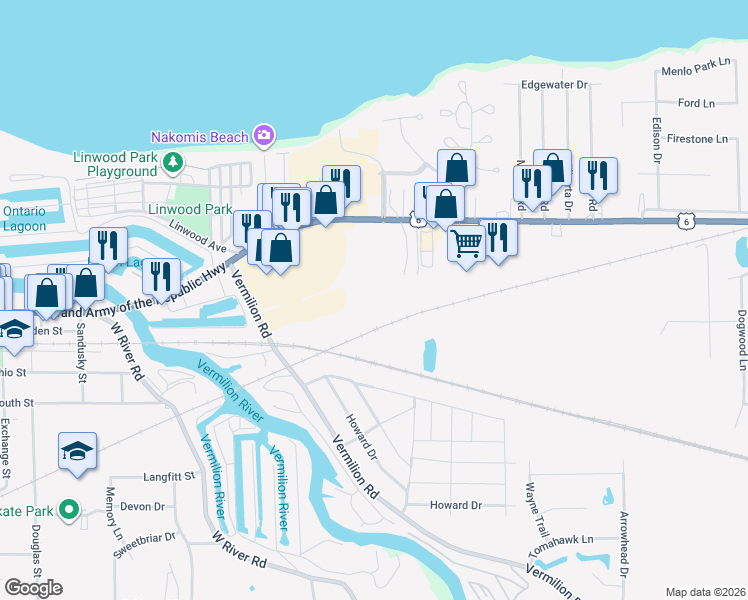 map of restaurants, bars, coffee shops, grocery stores, and more near 661 South Shore Court in Vermilion