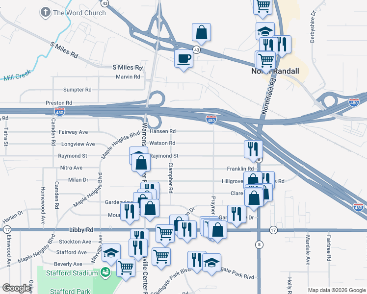 map of restaurants, bars, coffee shops, grocery stores, and more near 20806 Watson Rd in Maple Heights