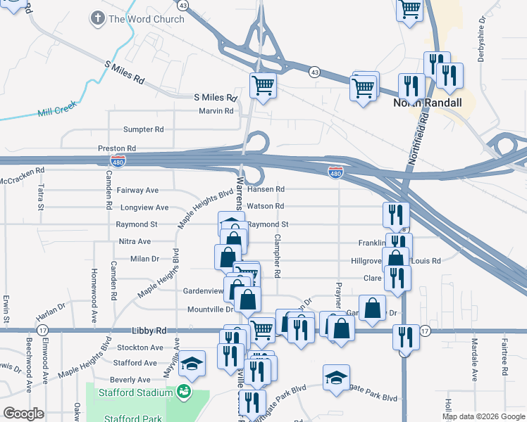 map of restaurants, bars, coffee shops, grocery stores, and more near 20612 Watson Road in Maple Heights