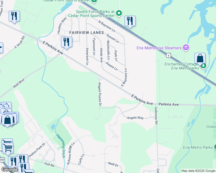 map of restaurants, bars, coffee shops, grocery stores, and more near 2906 East Perkins Avenue in Sandusky