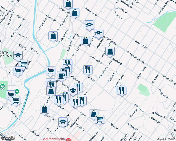 map of restaurants, bars, coffee shops, grocery stores, and more near 1315 Wyoming Avenue in Scranton