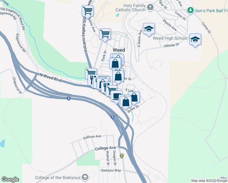 map of restaurants, bars, coffee shops, grocery stores, and more near 59 Main St in Weed