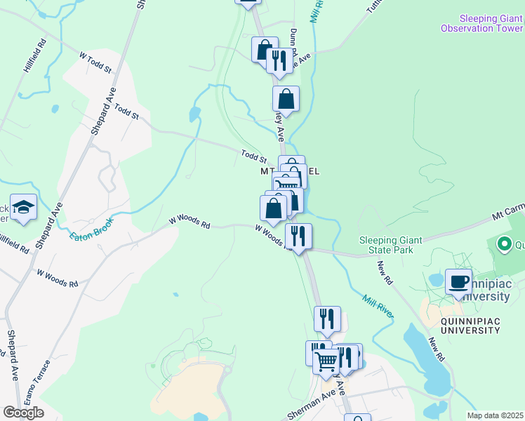 map of restaurants, bars, coffee shops, grocery stores, and more near 55 West Woods Road in Hamden